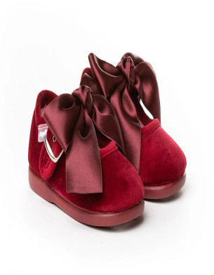 Made in Spain EU23-27 baby girl velvet Shoes with Satin Ribbon Non Slip Rubber Bordeaux